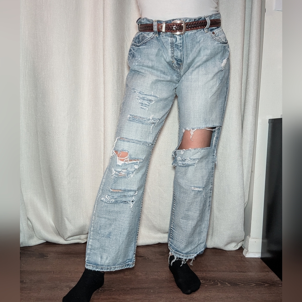 Low Rise Straight Leg Ripped Jeans